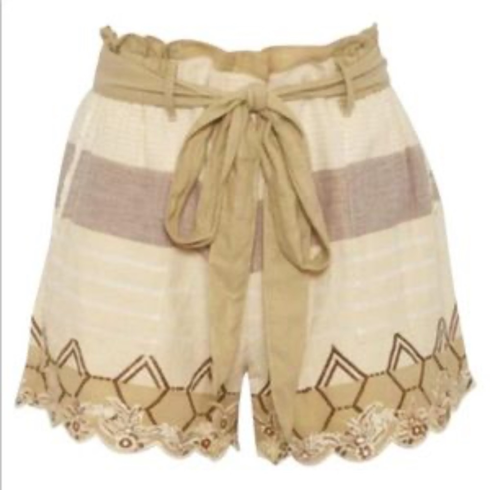 Hemant & Nandita Embroidered Bow Front Cotton Shorts - Mana Beige Stripe Print